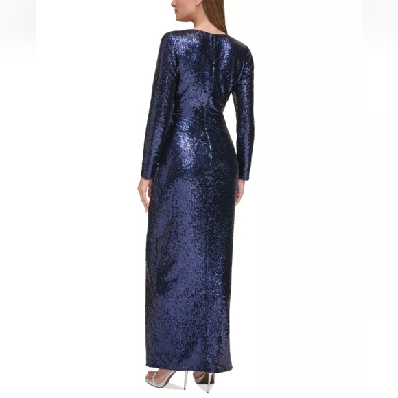 NWT DKNY Long Sleeve Side-Ruched Sequin Gown in Navy Size 6 - Picture 2 of 16